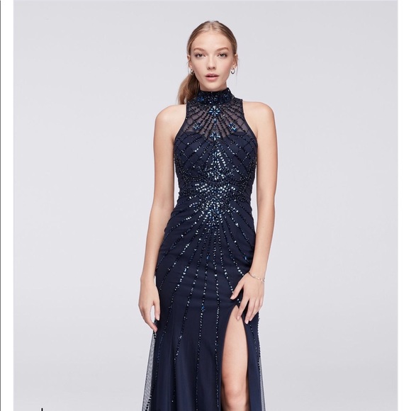 Navy Blue Mock Neck Beaded Prom Dress  (WORN ONCE) - Picture 1 of 5